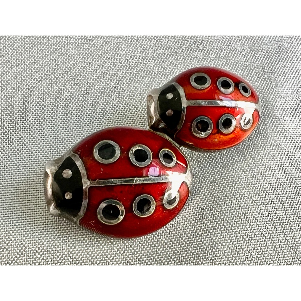 Vintage Italy 925 Sterling Silver Red Enamel Double Ladybug Brooch Pin 1.25"